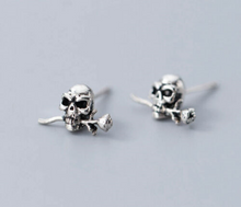 Load image into Gallery viewer, One pair 925 Sterling Silver Skull With Silver Rose Earrings