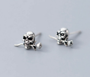 One pair 925 Sterling Silver Skull With Silver Rose Earrings