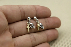 One Pair 925 Sterling Silver Hoop Skull and Cross  Earrings