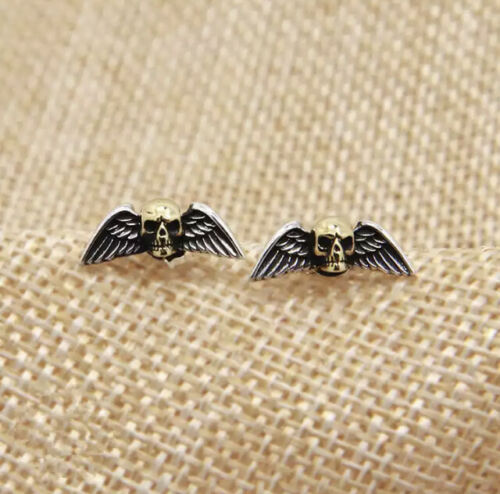 One Pair  925 Sterling Silver Skull Wings  Earrings